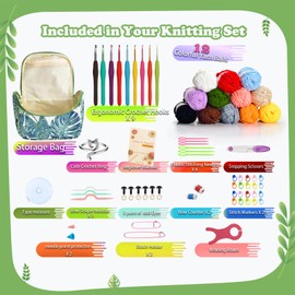 EDCUEBE7 Kit de ganchillo para principiantes, 12 madejas de hilo, 9 ganchos ergonómicos (2.0-6.0 mm), bolsa de almacenamiento portátil de hojas verdes, 74 piezas de suministros de tejer