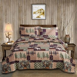 3-Piece Moose Pine Tree Reversible Quilt Set, Checked Color Stripe Rustic Home Lodge The Wilds Quilted Bedspread Coverlet Bedding Set, Lightweight Breathable for All Season (Twin, White Deer)