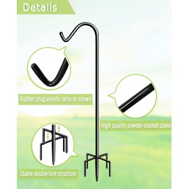 Garbuildman 60 Inch Tall Shepherd Hooks with 5-Forked Base, Adjustable Heavy Duty Bird Feeder Pole Stand Hanger for Outdoor, Shiny Black, 1 Pack