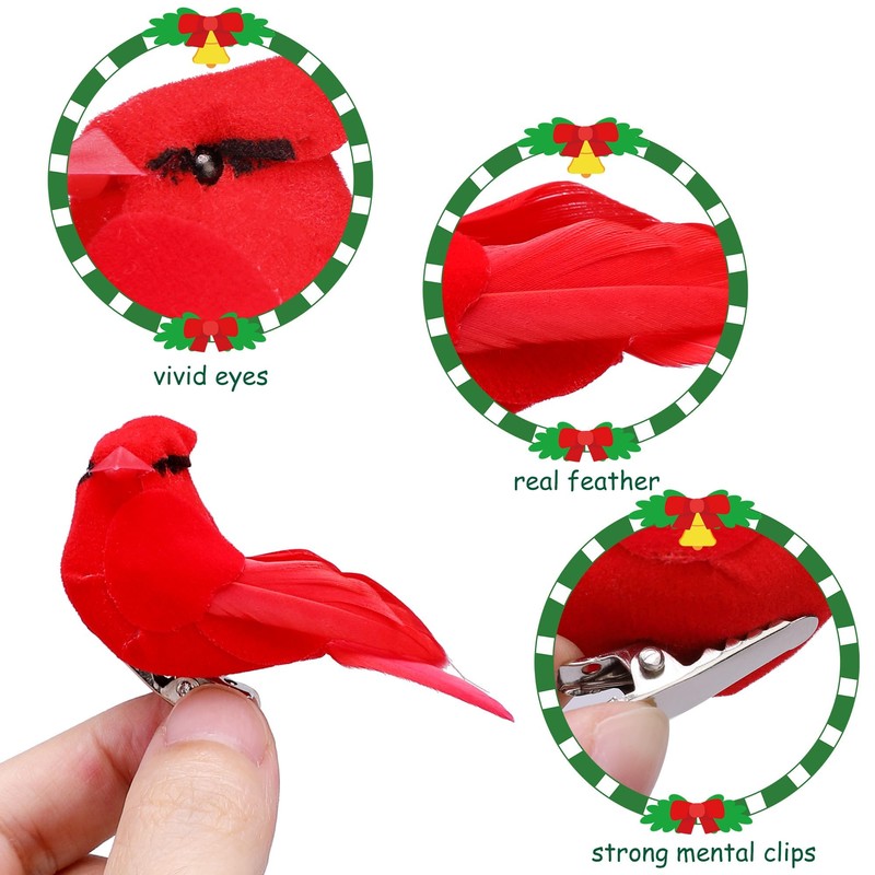 6PCS Christmas Cardinal Birds with Clips - 2.76 Inch Artificial