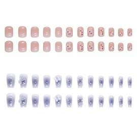 JZEOCKO 24 Uñas Postizas Acrílicas Brillantes Con Diseño 3D De Mariposas Y Perlas En Azul Y 24 Uñas Postizas En Rosa Nude Ombré. Set De Decoración De Uñas Reutilizable Para Mujeres Y Niñas.