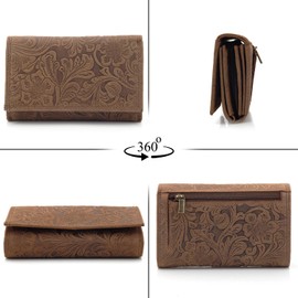 ekavale Ladies Leather Wallet Flower RFID Blocking Long Wallet with Press Stud Closure, Dark brown, Casual
