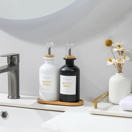 BONLONG 11.8OZ Mouthwash Dispenser for Bathroom with Bamboo & Stainless Steel Pour Spout, Mouthwash Cups Reusable, Bamboo Tray, and Elegant Gold Label. Set of 2（Black/White