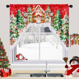 FRAMICS Christmas Swag Valance with White Plush Selvedge Christmas Snowflake Kitchen Valance Red Christmas Valance for Windows Rod Pocket Short Curtain for Kitchen, 60" W x 36" L, 1 Panel