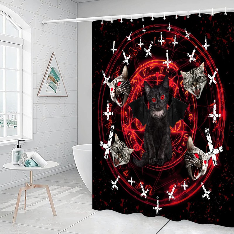 JAWO Funny Cat Shower Curtain, Black Cat Pentagram Death Black