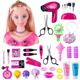 KonHaovF Doll Head for Hair Styling and Make Up for Little Girls, Small Styling Head Doll with Hair Accessories for Girls Makeup Practice, Doll Makeup Head Toys for Girls with Hair Dryer (Style D)