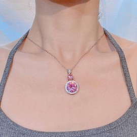 Yienate Funky Pink Crystal Choker Necklaces Dainty Round Crystal Pendant Necklace Pink Rhinestone Necklace Chain Silver Boho Statement Sparkling Birthstone Necklace Jewellery for Women, Zinc, No