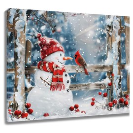 EOBTAIN Winter Snowman Canvas Wall Art Bathroom Rustic Wooderland Red Berry and Snowman with Cardinal Framed Wall Art Farmhouse Wall Canvas Decor for Living Room Bedroom,16x12 Inches,Christmas Gifts