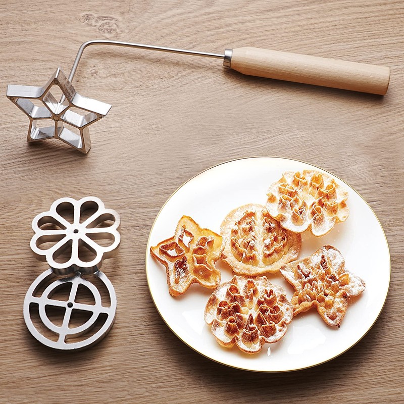 Tortillada - 4 teiliges Bunuelos Set mit Holzgriff Rosetteneisen Waffelförmchen