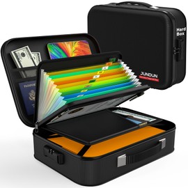 JUNDUN Fireproof Document Box,Hard Case Fireproof Document Organizer with Lock，Home Travel Portable Fireproof Safe Storage Box Case for Letter Size Documents,Files,Papers and Passport,Black