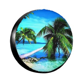 Tropical Palm Trees Ocean Beach Spare Tire Cover Waterproof Tire Wheel Covers Dust-Proof Wheel Tire Protector UV Sun Protection Tyre Covers Universal for Trailer RV SUV Truck Motorhome Travel 15 Inch