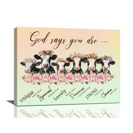 God Says You Are Wall Art, Farmhouse Cow Pictures Wall Decor, Religious Bible Verse Painting, Scripture Canvas Prints, Framed Artwork for Bathroom Bedroom Living Room Office Home Decoration 16 x 12 inch