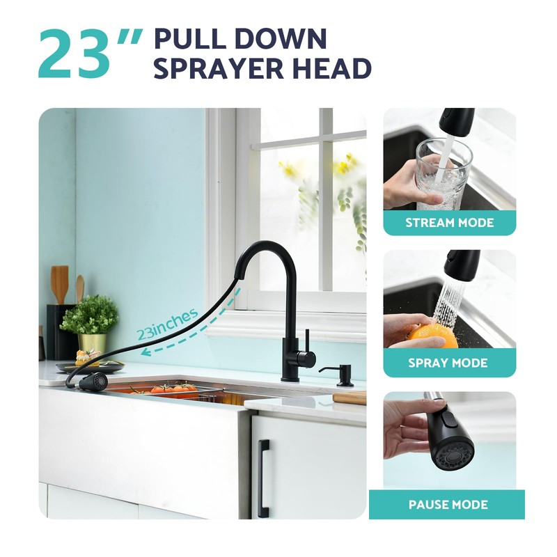 Kicimpro Black Kitchen Sink Faucet with Soap Dispenser, 3 Modes