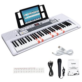 Funtaki 61 Key Electric Piano Keyboard with Lighted Keys, Digital Portable Synthesizer Keyboards with Stand, Mini Music Keyboard Pianos for Beginners Kids Adults, White