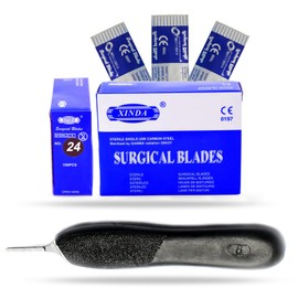 PRECISE CANADA: BOX OF 100 PIECES CARBON STEEL SCALPEL BLADE #24 WITH FREE HANDLE # 6 BLACK COLOR PLASTIC HANDLE