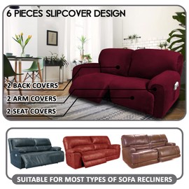 ULTICOR Extra Wide 75" - 100", Reclining 2 Seater Sofa, Extra Wide Reclining Love Seat Slipcover, 6-Piece Velvet Stretch, Reclining Sofa Covers, Thick, Soft, Washable (Burgundy - Wine)