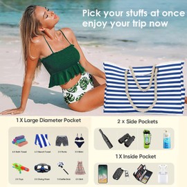 HOMMES - Bolsas de playa para mujer, grande, impermeable, con cierre, para playa, a prueba de arena, para piscina, Azul, L