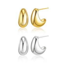 2 Pairs of Earrings Dupes Women's Hoop Earrings Silver 925 Earrings Gold Set Chunky Hypoallergenic Golden Earrings Gold-Plated Waterdrop Thick Hoop Earrings Fashion Jewellery for Women and Girls,