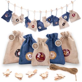 DIY Advent Calendar Set for Filling - 24 Beige and Blue Fabric Bags with Number Stickers, Wooden Pegs and Cord for Christmas