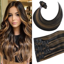 Newfeeling Balayage hair extensions Clip in Real Human Hair 12 Inch 75g Straight Natural Smooth #1BP6 Natural Black to Chestnut Brown Hair for Women