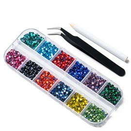 Amrules 2520Pcs Nail Rhinestones, 12 Types Multi Colorful Flatback Rhinestones for Crafting Nail Art Crafts Decorations Clothes Shoes, with Tweezers and Wax Pencils Tool