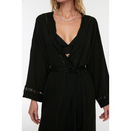 TRENDYOL Women's Stripe Lace Belted Kimono & Kaftan, black