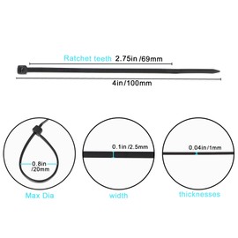 200 Pack Bulk KOOWIN Small 4 inch Nylon Plastic Cable Zip Ties Wire Wraps Black