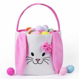 Fanunny Easter Bunny Baskets for Kids Empty Egg Hunt Bags, Rabbit Buckets with Handle for Carrying Candy Cute Stuffed Easter Festival Gifts(Pink)
