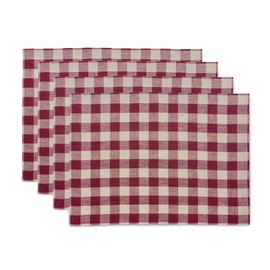Solino Home Linen Check Placemats Set of 4 – 100% Pure Linen Burgundy and Natural Plaid Christmas Placemats 14 x 19 Inch – Morgan Check, Machine Washable Table Mats for Fall, Thanksgiving Decor