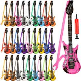 28 Pack 37.4 inch Inflatable Guitar with Strap Blow Up Guitars with 1 Red Air Pump Rock Star Toys for Kids Birthday Rock and Roll Party Photo Booth Props