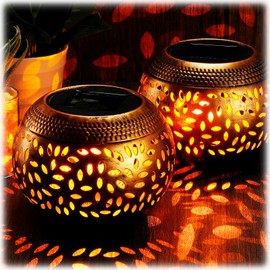 2 Pcs Solar Table Lantern Outdoor Waterproof Flickering Flame Solar Powered LED Light Decorative Metal Outdoor Lamp for Outside Indoor Desk Tabletop Bedroom Patio Garden Pathway Yard (Bronze)