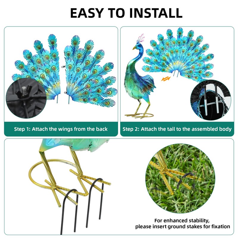 Autodaya 27.5" Tall Metal Peacock Garden Statue - Handmade, 3D