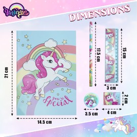 HOVUK Unicorn School Stationery Set for Girls 5Pcs, Notebook, Eraser, Pencil, Ruler, Sharpener, Cute Art Supplies, Summer Students and Beginners, Back to School Gifts for Kids 3-12 Years