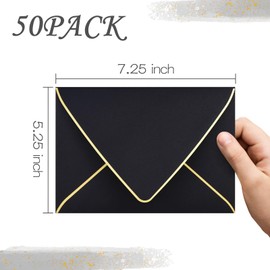 5x7 Envelopes for Invitations with Gold Border,V-Flap Envelopes 50 Pack,A7 Envelopes for Cards,Wedding,Invitations,Baby Shower,All Occasions(Black）