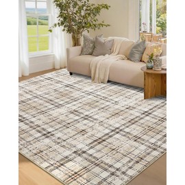 LUXLOOM Washable 5x7 Soft Plaid Traditional Tartan Area Rug - Non Shedding, Non Slip, Stain Resistant, for Living Room, Bedroom, Nursery, Office - Beige
