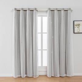 FANLI 2 Panels Star Blackout Curtains for Kid Girls Bedroom Living Room Darking Stripe Double Layer Star Cut Out Wall Home Decor Gradient Grommet Window Curtains (Grey 72L)