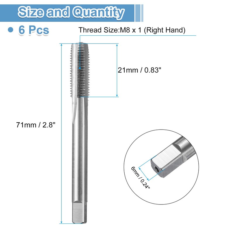 sourcing map 6pcs Straight Flute Thread Tap, M8 x 1