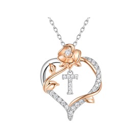 LynChoe S925 Sterling Silver Heart Rose Gold Letter Initial Necklace for Women, Cubic Zirconia Heart Pendant, 18+2 Inch Adjustable Cable Chain, Dainty Rose Flower Jewelry Gift for Her (T Initial)