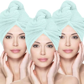 Glamza Microfibre Hair Towel Wrap Super Absorbing Twist Turban Hair Wrap with Buttons for Fast Drying Hair (3 PACK (LARGE) - GREEN)