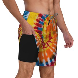 feelacle Tie Dye Rainbow Mens Swim Trunks 9 Inch Inseam Board Shorts Beach Swimwear Bathing Suit with Compression Liner and Pockets 3X-Large