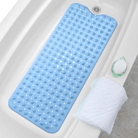 LUX Decor Non Slip Bath Mat for Tub - 40x16 Extra Long Inside Shower Bathtub Mat with Drain Holes and Suction Cups Bathmat for Bathroom (Clear Blue)