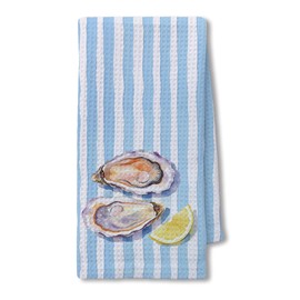 Lemon Oyster Kitchen Hand Towels 16x24 Inch, Oyster Lovers Gifts, Preppy Coastal Beach Seafood Blue Striped Decorative Hand Towels for Kitchen Dining Room