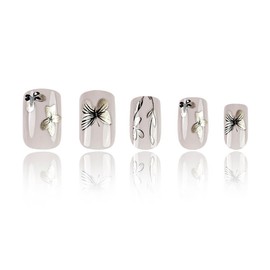 RUOKEXIN Medium Press on Nails Square Fake Nails Acrylic False Nails with Silver Glitter Butterfly Designs Sparkly Artificial Nails Medium Square Glue on Nails Cute Stick on Nails for Women 24Pcs