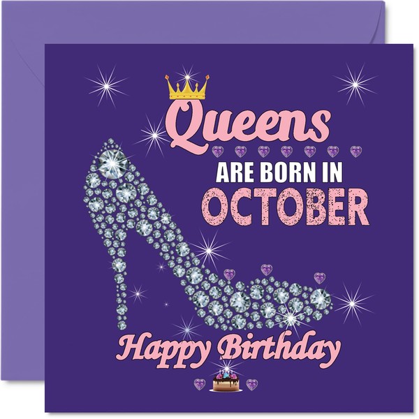Birthday Cards for Women - Queens Are Born In October - Happy Birthday Cards for Wife Girlfriend Mum Daughter Sister Grandma Auntie Grandmother Friend, 145mm x 145mm Humour Greeting Cards Gift Ideas