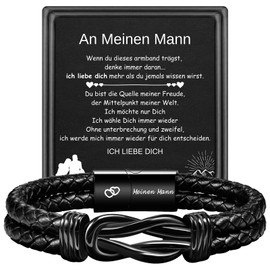 TERRISHE Gift for Men Bracelet Black Leather Bracelet Gift for Dad Son Leather Bracelet with Engraving Christmas Graduation Birthday Gift for Men Boys (Meinen Mann) Gifts for My Husband, Stainless