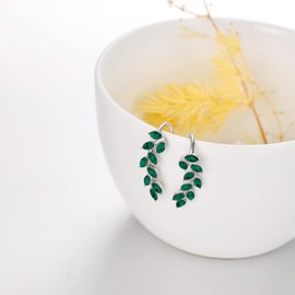 925 Sterling Silver Leaf Earring Ear Crawlers Earrings with Simulated Emerald Green Birthstone Crystals Climber Earrings Jewelry Gift for Her