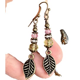 Lovely Bronze Leaf, Rhinestone, Green and Pink Bead Dangle Earrings. Jewelry Earrings for Women #3298FE3774
