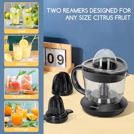 Aigostar Orange Juicer Electric Citrus Juicer, 700ml Bowl with Scale, 2 Citrus Cones, Tow Way Rotation, Filter, Lemon Juicer for Orange Lime Lemon Grapefruit, Black - Percy 30AQ0