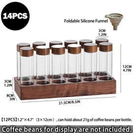 TREELF Coffee Bean Jars Canisters Coffee Storage Containers Walnut Solid Wood Base 12 Tubes Single Dose with Wooden Holder Coffee Bean Cellar Dosing Glass Vials With Lids Display Stand(Type 1)