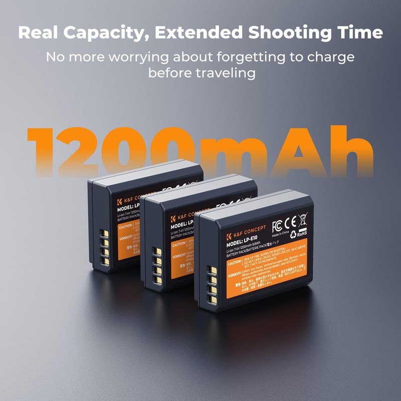 K&F Concept LP-E10 Battery 3-Pack and Upgraded LCD Charger Compatible